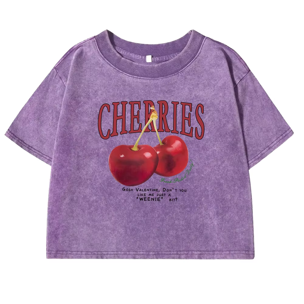 Cerises rouges lettre imprimé femme T-shirt mode été lavé vêtements décontracté coton haut court rétro t-shirts pour les femmes