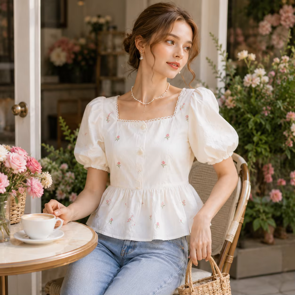 Chemisier floral pour femme à col carré et manches bouffantes, style peplum, coupe ajustée, style babydoll, manches courtes, idéal pour l'été, style cottagecore