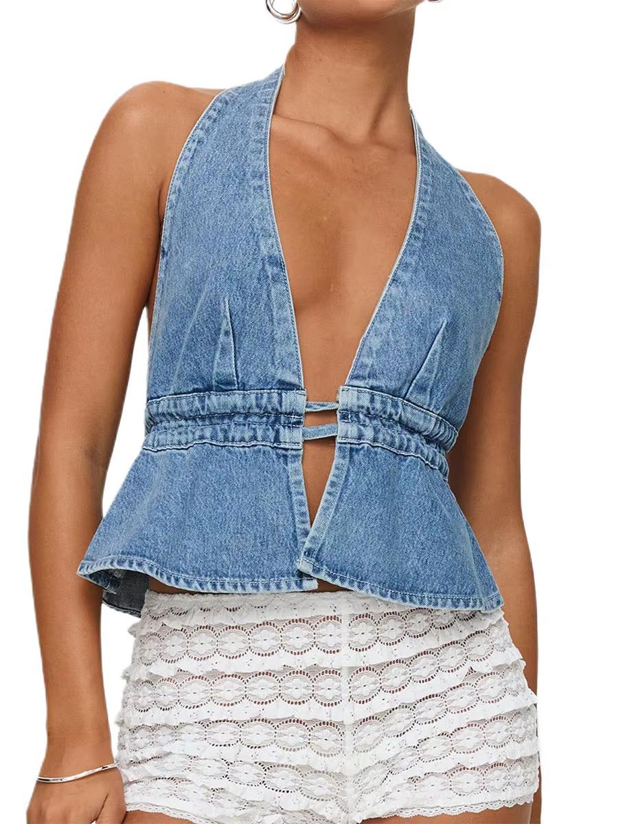 Femmes Denim gilet Sexy licou col en v profond sans manches dos ouvert haut court Jean gilet été mode Streetwear