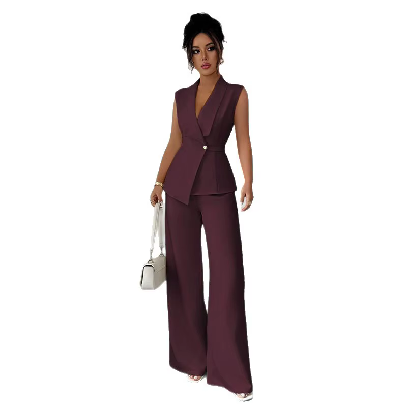 Ensemble élégant 2 pièces pour femme : Gilet blazer sans manches à col en V et pantalon large – Tenue de bureau professionnelle