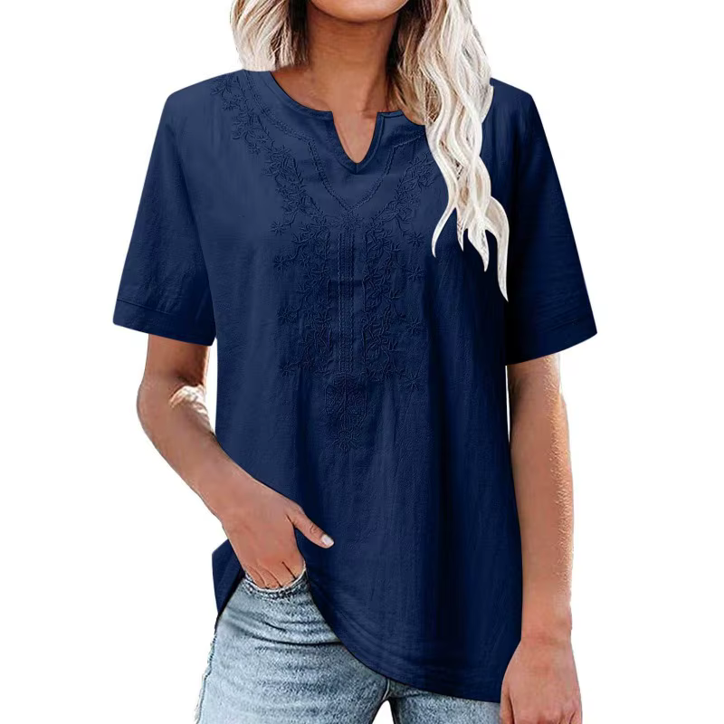 T-shirt décontracté ample à manches courtes en lin et coton brodé avec col en V et poche pour femme
