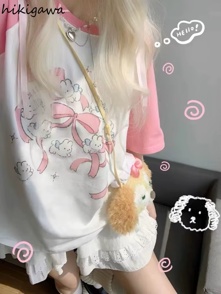 Kawaii rose t-shirts femmes japonais Y2k Style doux fille dessin animé