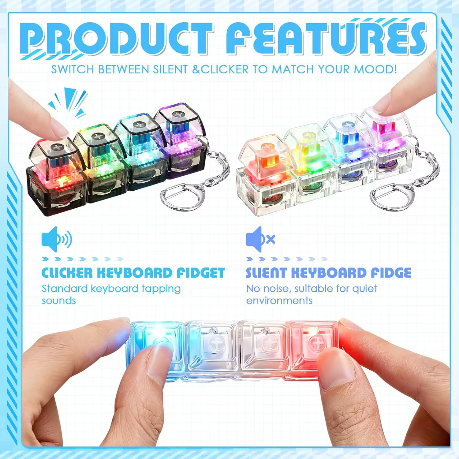 Porte-clés LED lumineux avec bouton de clavier clic-clac