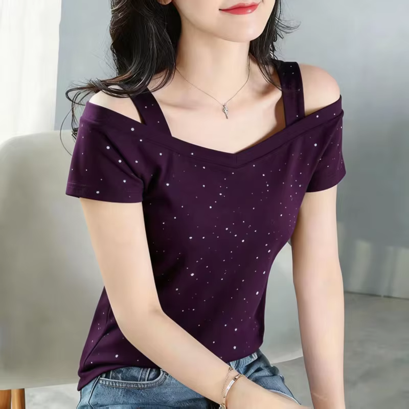 T-shirt violet pour femme à épaules dénudées