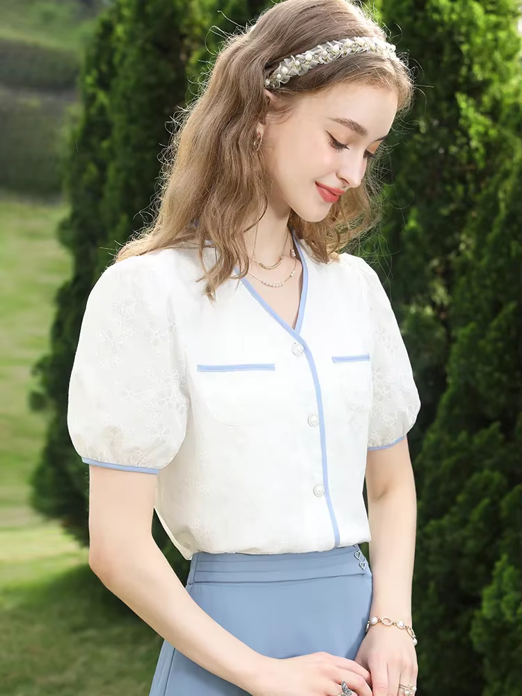 Je crois que vous chemisier blanc français bouffée manches courtes chemises et chemisiers en coton femmes hauts 2025 été femme chemise 2232055047
