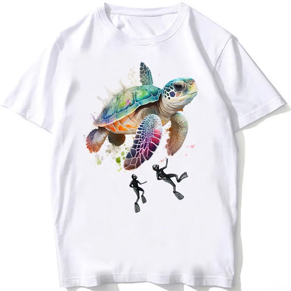 Super mignon tortue de mer baleine requin aquarelle T-Shirt unisexe hommes t-shirts été plage plongée blanc