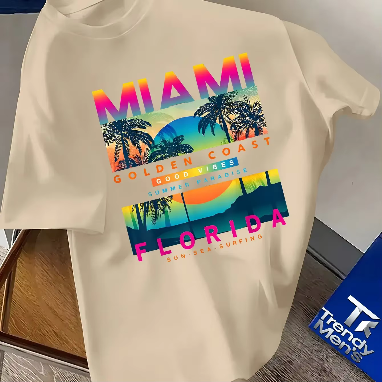 T-shirt pour homme Miami Florida, best-seller, 100% coton, imprimé plage estivale "Gold Coast", style décontracté, style streetwear, plein d'ambiance tropicale