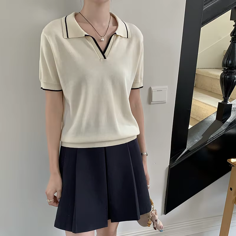T-shirt à manches courtes tricoté en pur coton pour femmes