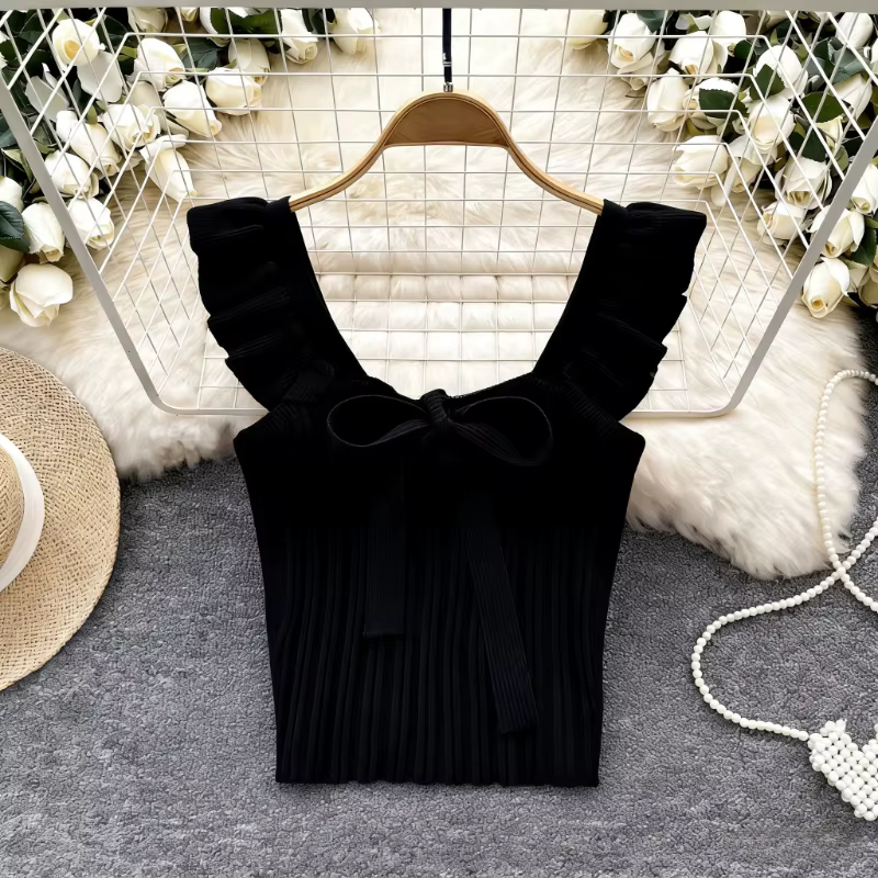 Nouvelle collection été 2026 – Haut court chic pour femme : débardeur en maille sans manches avec nœud