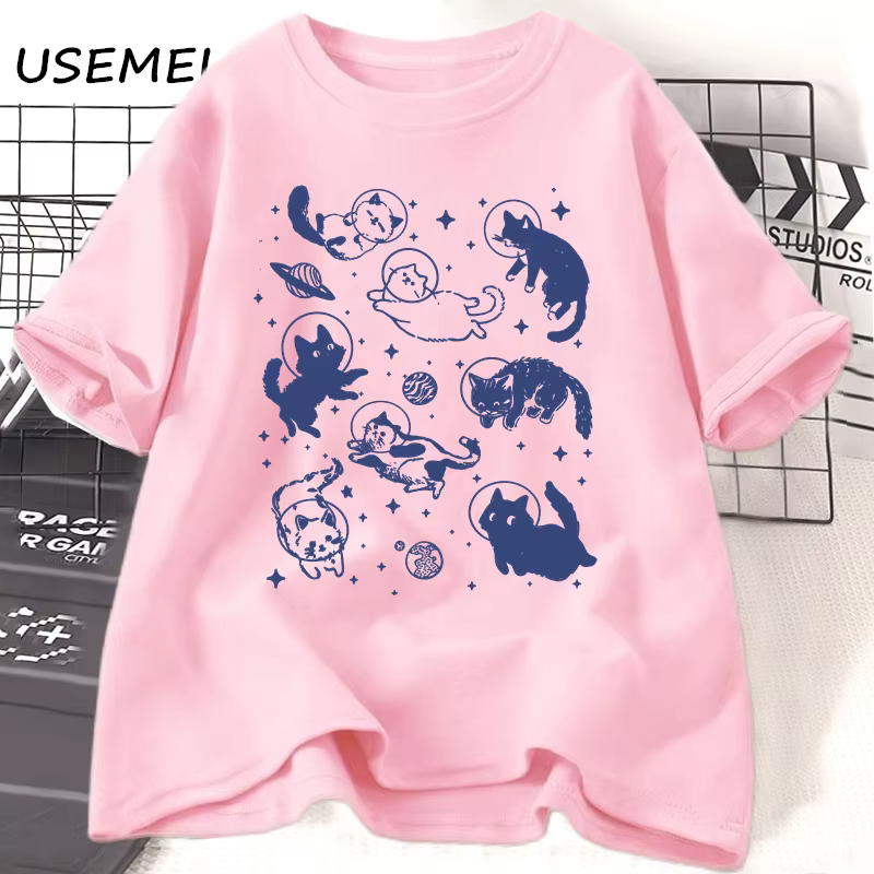 T-shirt imprimé chats dans l'espace pour femmes et hommes