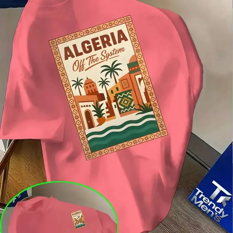 T-shirt rose à motif algérien pour hommes et enfants - Texte audacieux « Algérie » et design de paysage urbain