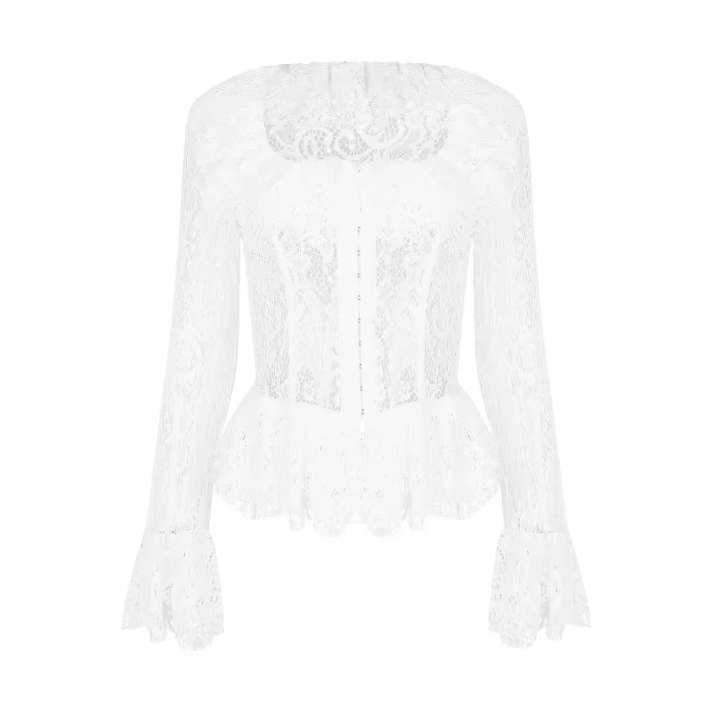 T-shirt décontracté à manches longues et col carré en dentelle pour femmes françaises