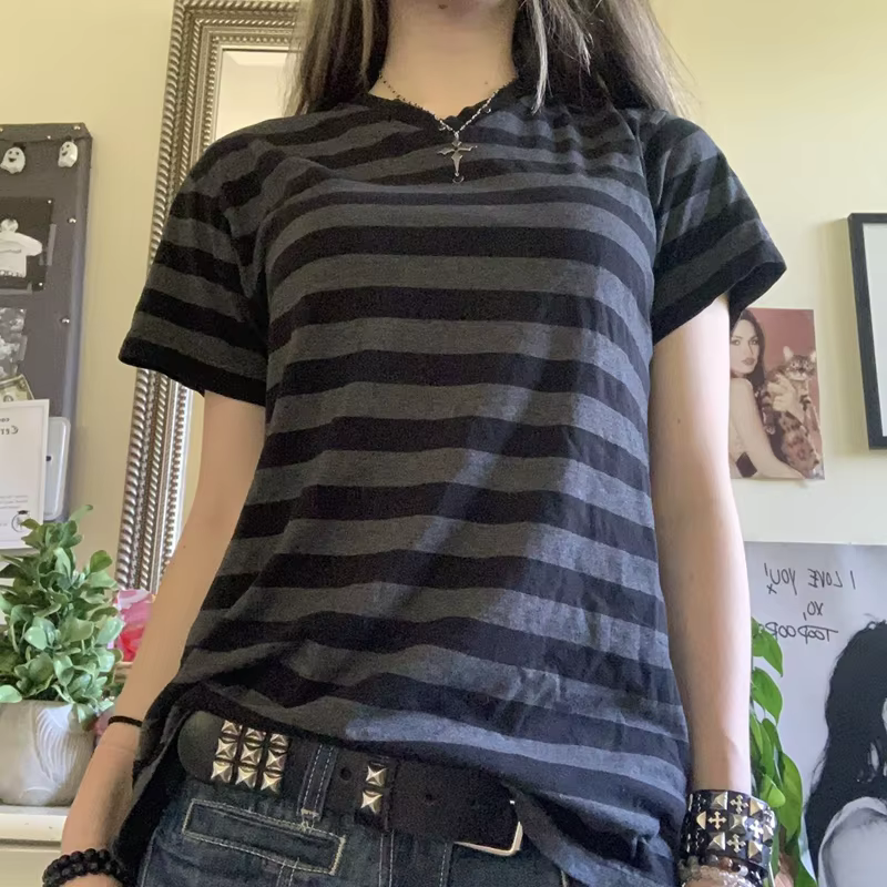 T-shirt Rayé à Manches Courtes et Col en V pour Homme et Femme
