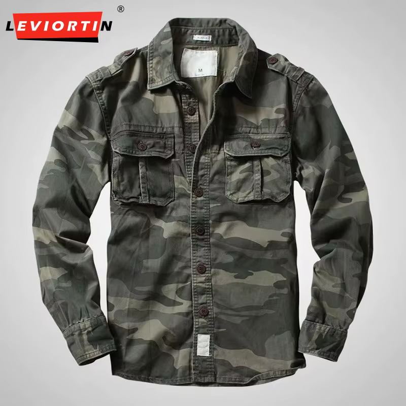 American Heavy Retro Men's Long Sleeved Camouflage Shirt Outdoor Cargo Casual Multi Pocket Work