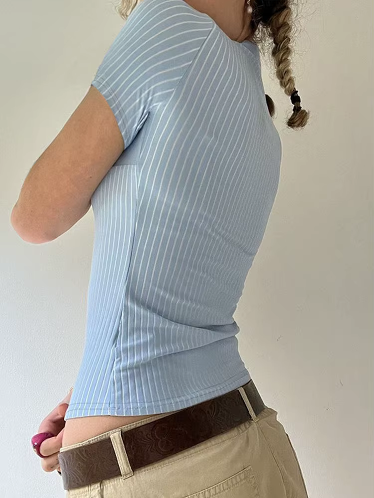 Sweetown chemises à manches courtes à rayures bleues pour femmes boutonné col rabattu mince Simple décontracté Preppy hauts t-shirts d'été de base
