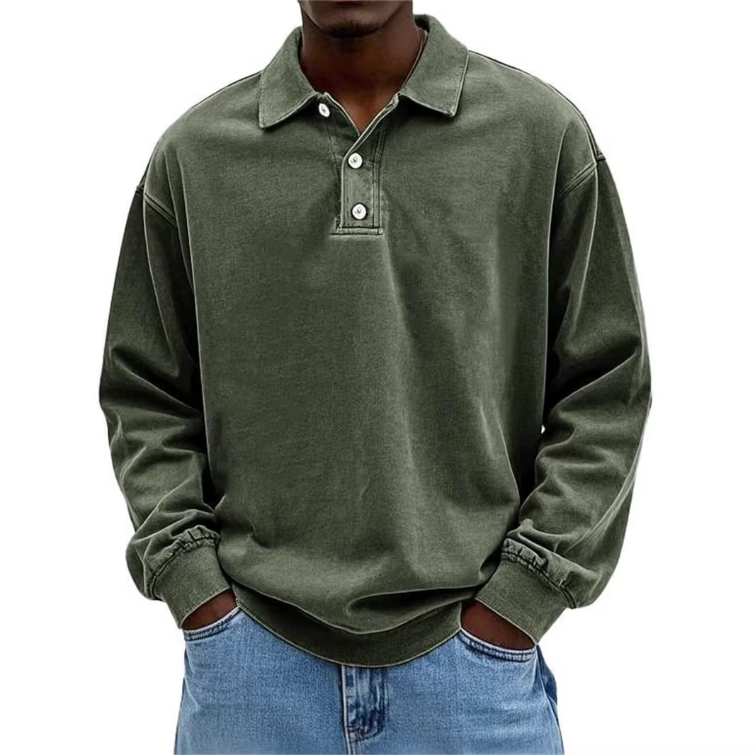 Nouveau T-shirt Polo Homme 2026 à Manches Longues, Effet Vieilli Lavé