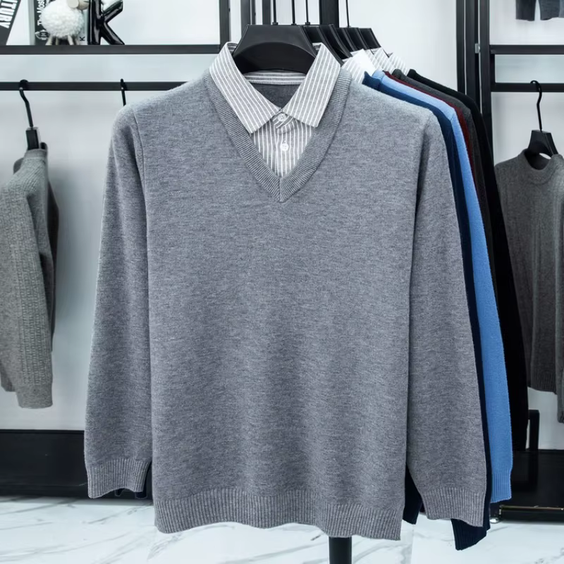  Pull en tricot à col de chemise pour hommes - Bleu clair (6 couleurs) Faux design à deux couches Style décontracté