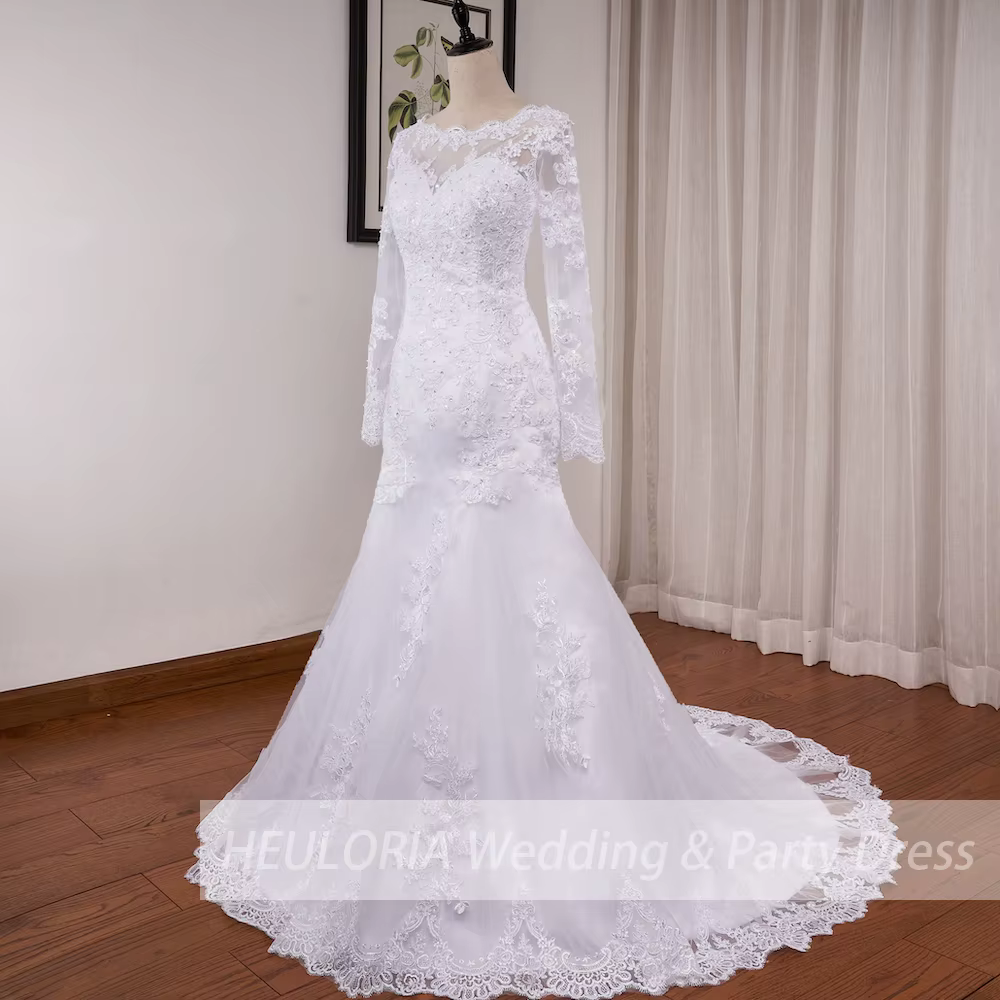 Robes de mariée sirène à manches longues col rond Robe