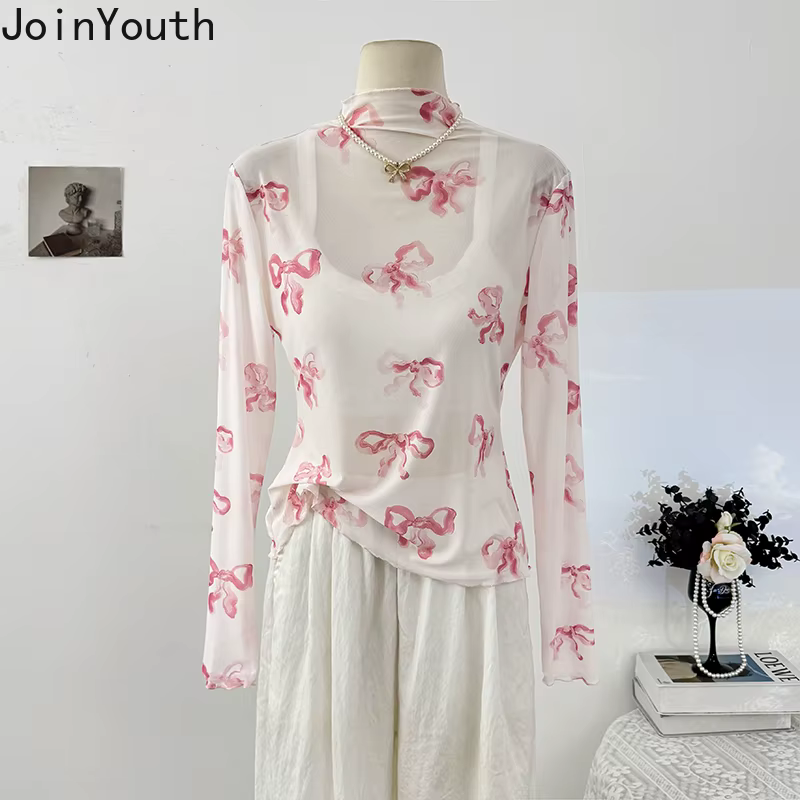Gaze femme t-shirts nœud imprimé à manches longues