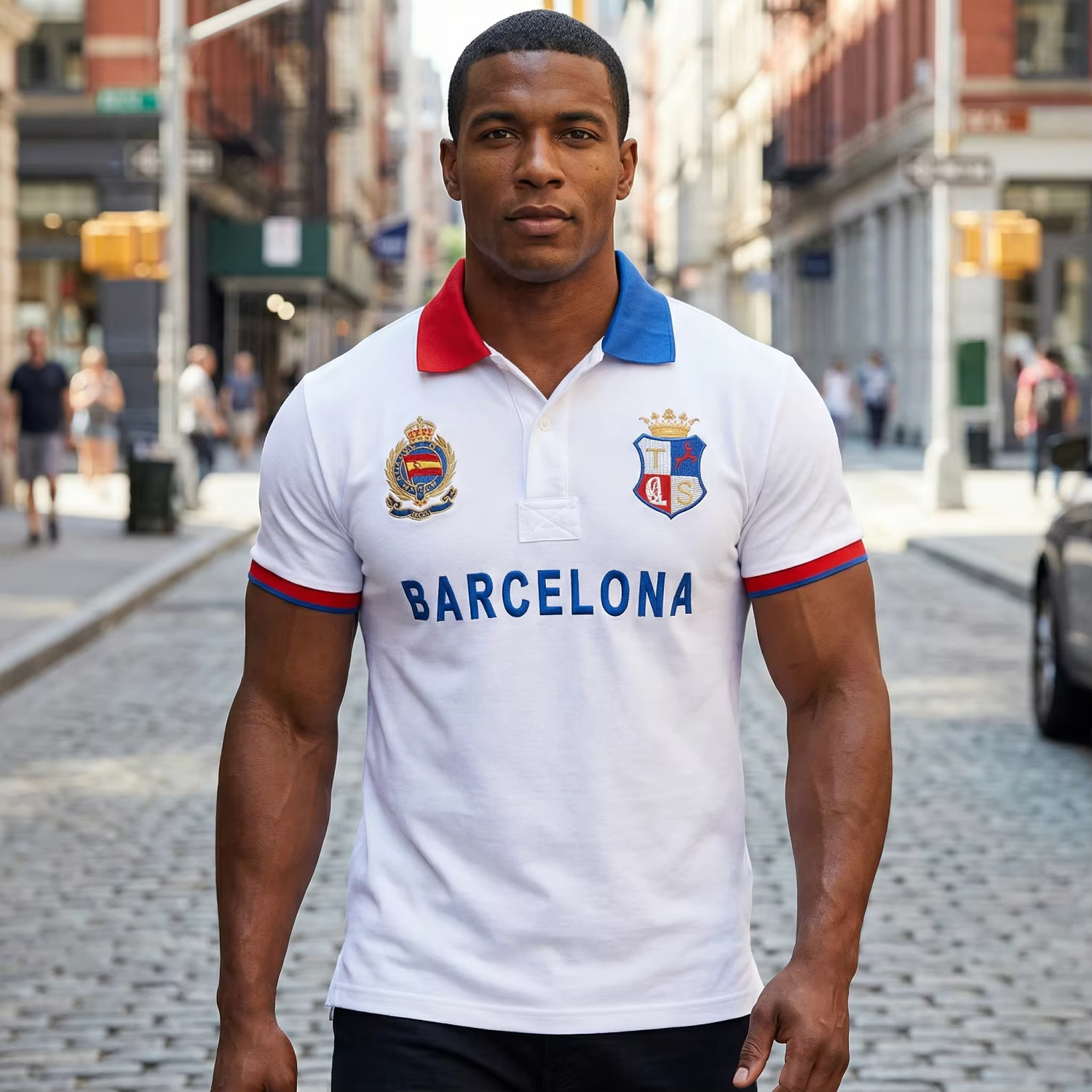 Polo en coton de haute qualité pour hommes Fans de football de Barcelona Symbole "Barca" brodé Cadeau du Nouvel An