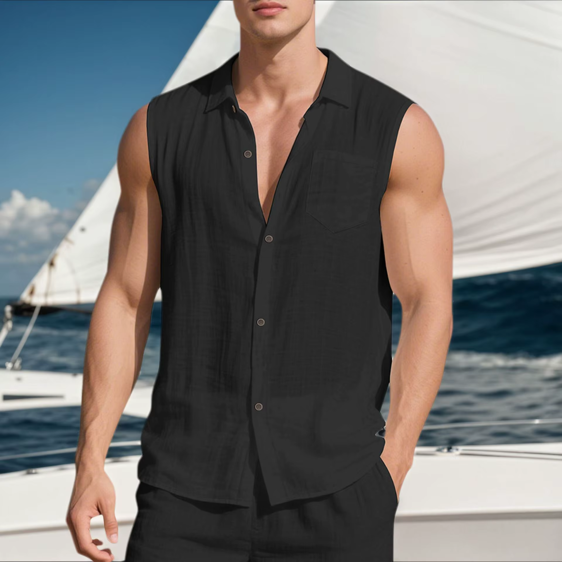 Chemise de plage décontractée sans manches en lin à col pour homme