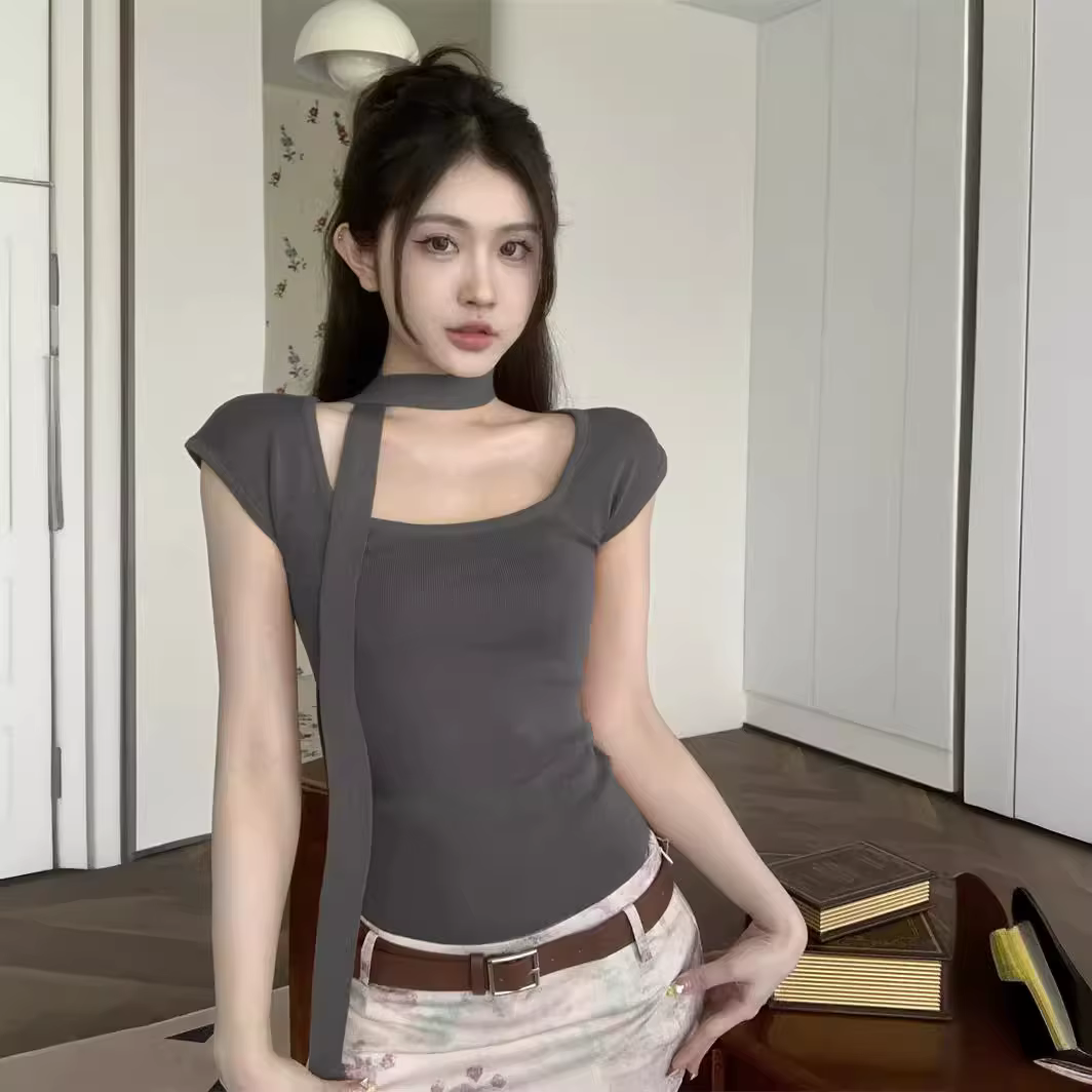 T-shirt moulant à col carré et manches courtes pour femme – Haut d'été sexy et élégant