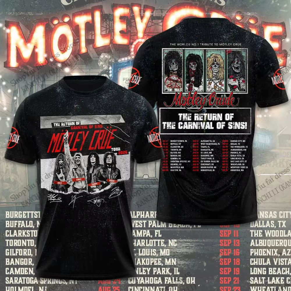Nouveau T-shirt d'été imprimé 3D Motley Crue Tour Hip Hop Heavy Metal Rock Band pour Hommes
