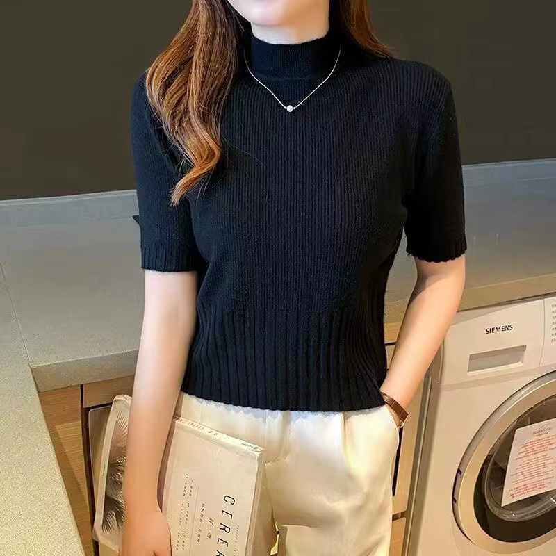 Pull tricoté à col roulé et manches courtes pour femmes