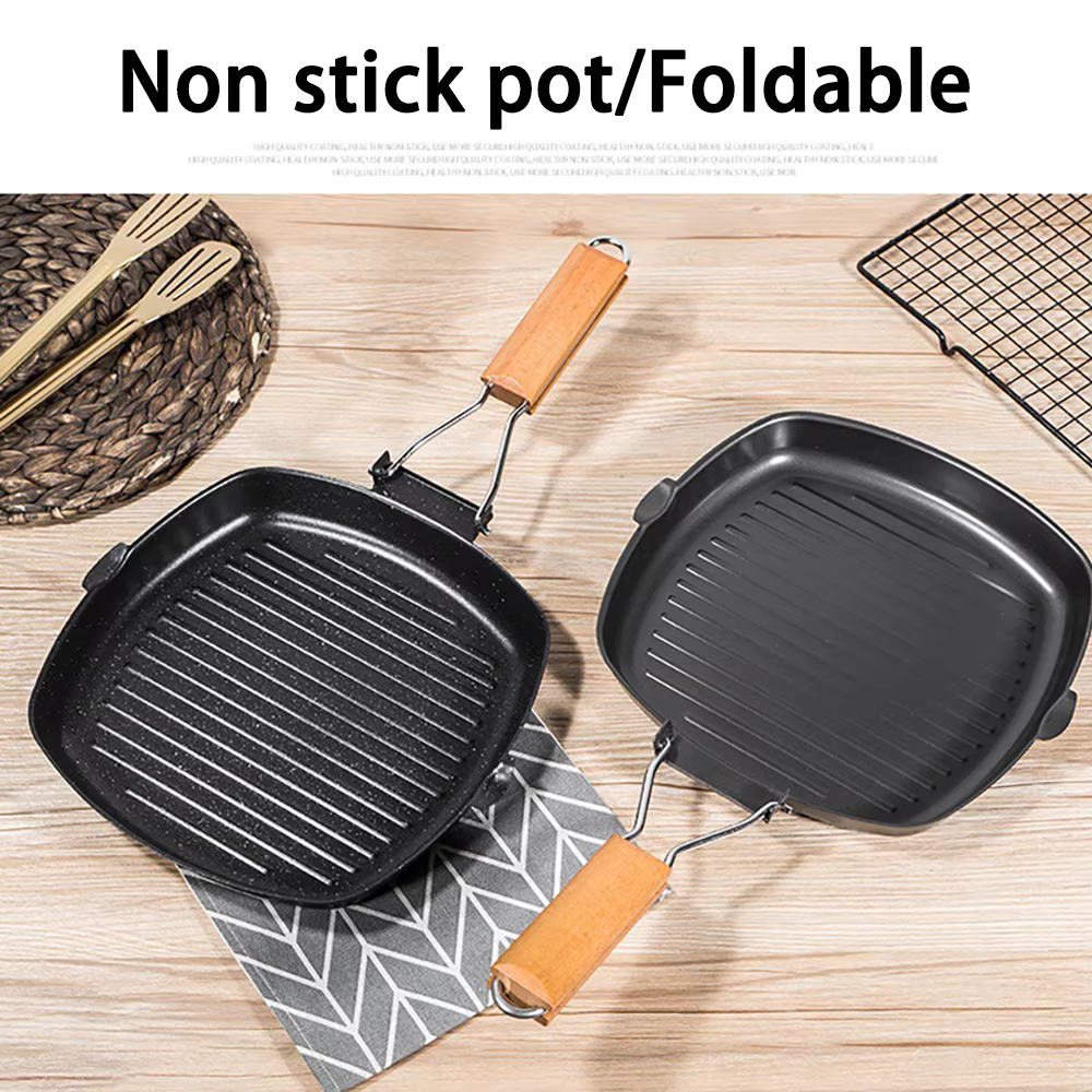 Poêle à Steak pliante pour l'extérieur et la maison, poêle à fond plat rayé, poêle à Induction à gaz antiadhésif spécial pour la friture du Steak