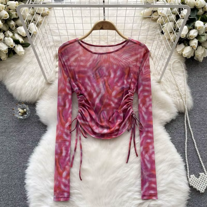 Vinatge Tie-dye T-shirts femmes Sexy mode vacances à manches longues hauts décontracté chemise conception automne printemps femme Streetwear Ins