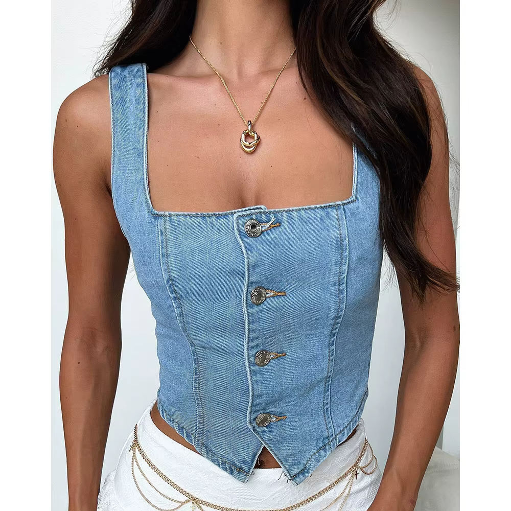 Haut en denim précieux à boutons en fibre pour femmes