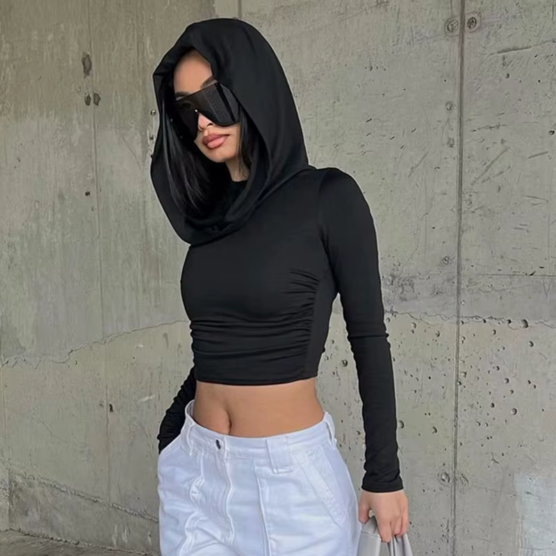 Haut à capuche sexy à manches longues pour femmes, Streetwear simple, Économie basiques minces, Vêtements féminins polyvalents, Mode d'automne, Nouveau