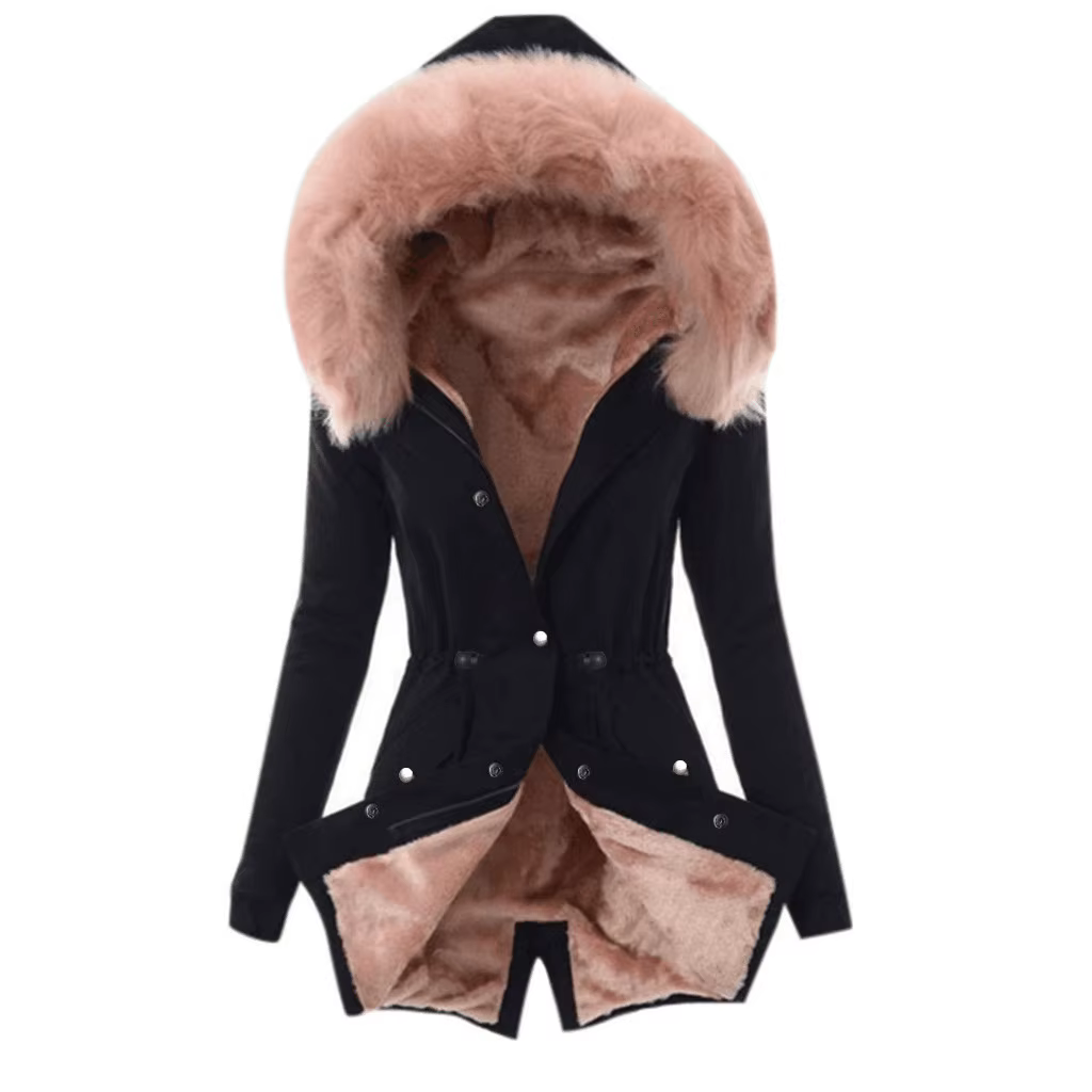 Parka à capuche pour femmes, manches longues, manteaux ajustés, boutons, solide, fermeture éclair, épissure, serré, vêtements d'extérieur, col en fourrure épais et chaud