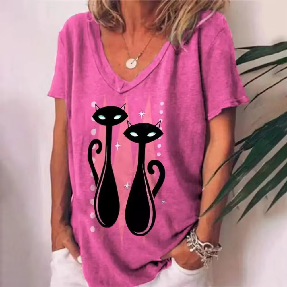 T-shirt femme dessin animé chat imprimé été à manches courtes col en v Kawaii mode