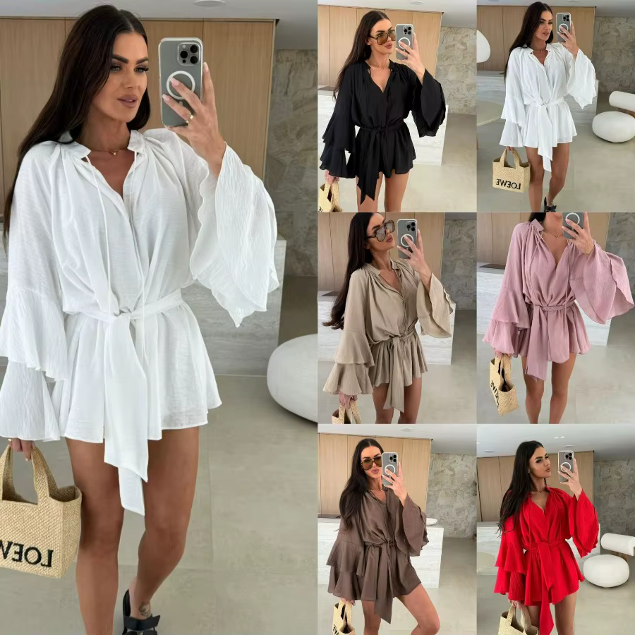 Nouvelle Collection 2026 : Robe Mini Ample et Élégante pour Femme, Col en V Profond, Manches Longues, Couleur Unie, Effet Plissé
