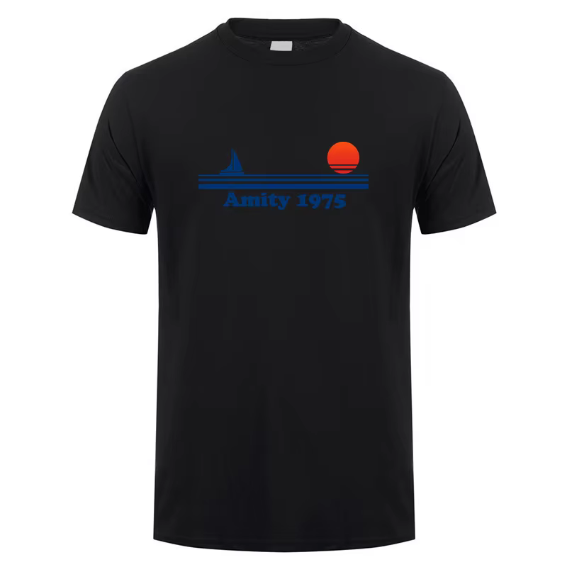 Amity 1975 t-shirt été hommes coton à manches courtes mâchoires rétro imprimé hauts t-shirts OT-033
