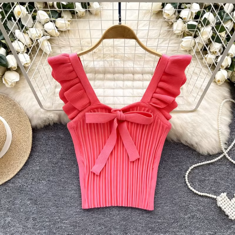 Nouvelle collection été 2026 – Haut court chic pour femme : débardeur en maille sans manches avec nœud