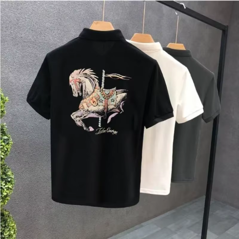 Hommes avec col T-shirt imprimé blanc col rond noir haute qualité luxe décontracté pas cher hauts Kpop vêtements en gros