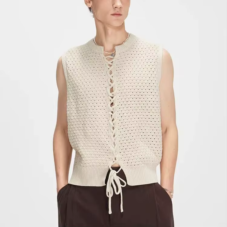 Gilet pull sans manches en tricot couleur unie avec col à lacets ajouré