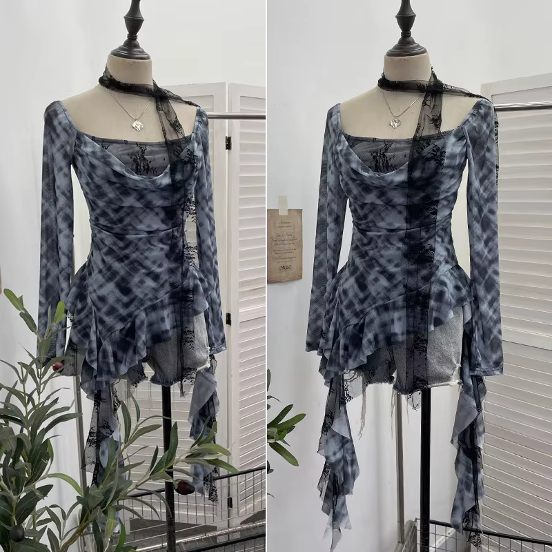 ISAROSE Vintage Y2K T-shirt pour femmes Plaid col carré maille extensible dentelle Patchwork manches longues asymétrique hauts à volants
