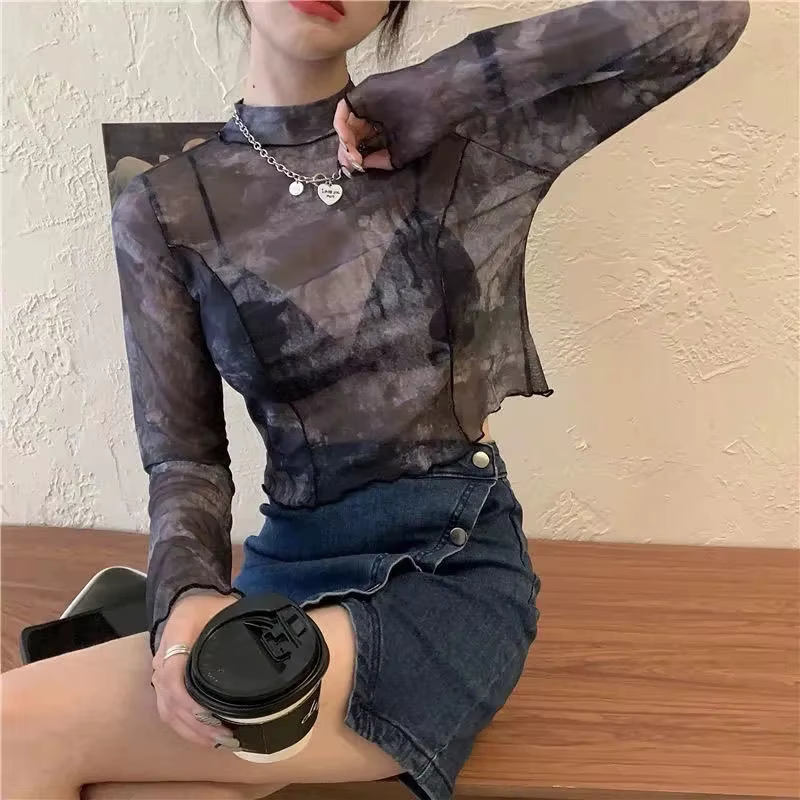 T-shirts à manches longues femmes cravate-teinture imprimé été résistant au soleil hauts courts mode haute rue gaze Style coréen Chic adolescents rétro