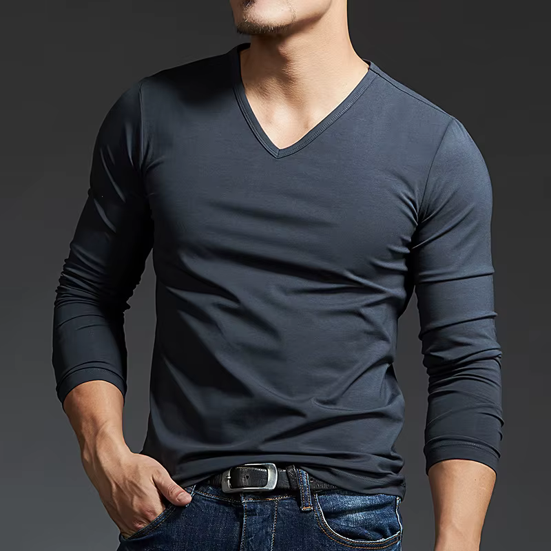 T-shirt ajusté à manches longues et col en V pour homme, gris foncé, sous-vêtement moulant, col ras du cou, haut tendance pour l'automne