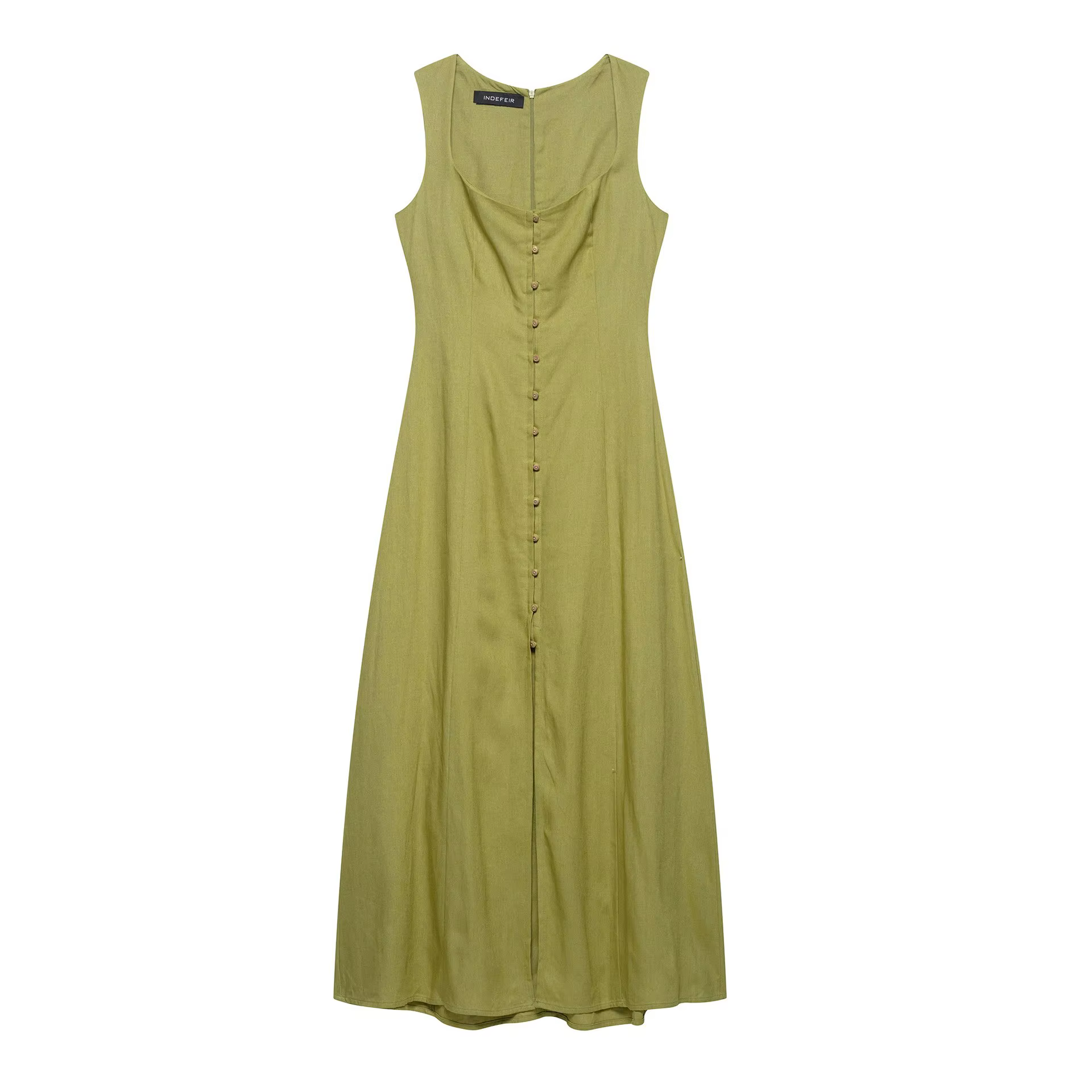 Robe longue élégante sans manches en lin uni à bouton unique