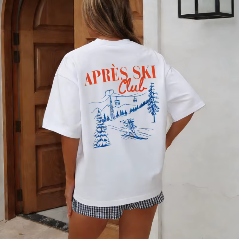 T-shirt de ski vintage pour femme en coton doux à manches courtes et col rond