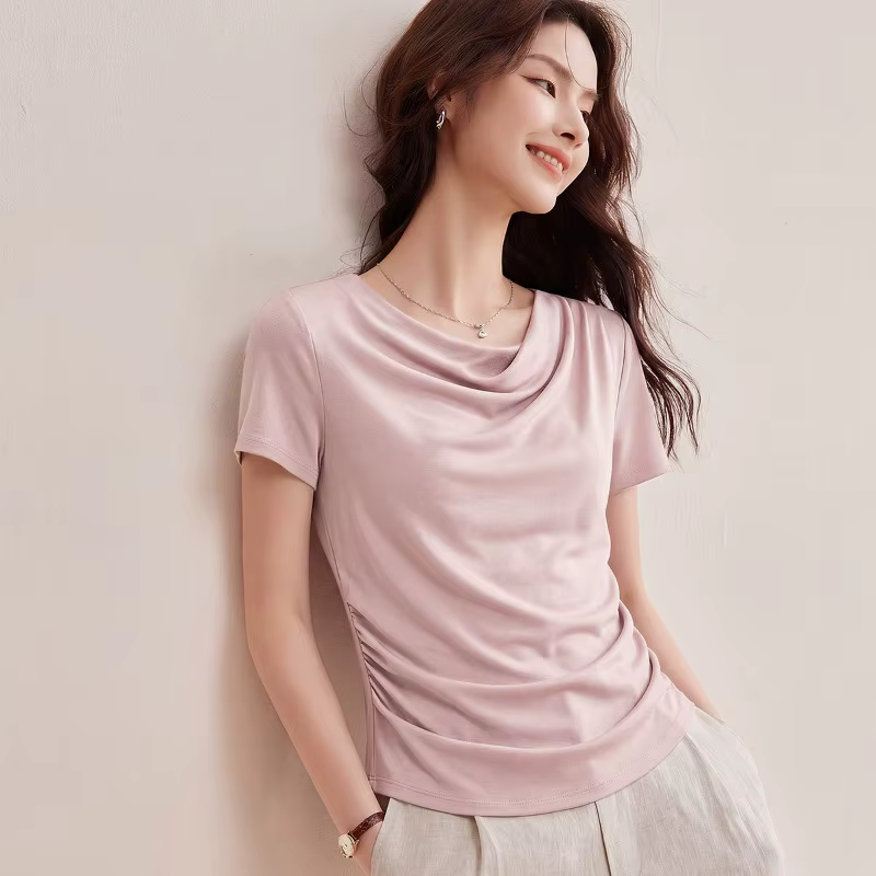 T-shirt en Lyocell pour femme, col drapé, froncé sur les côtés, coupe ajustée, uni, manches courtes, élégant, décontracté, basique, pour l'été