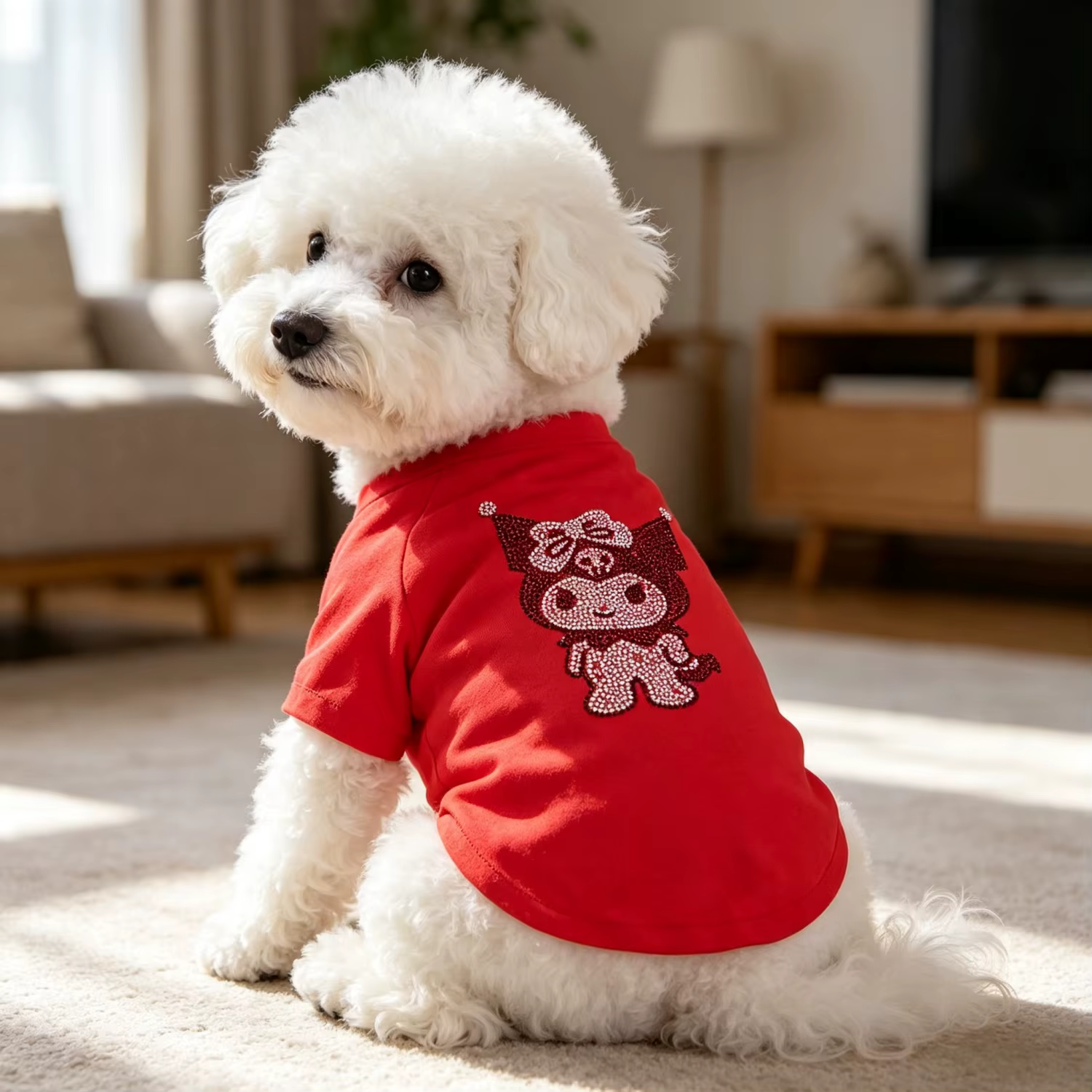 T-shirt d'été pour chien Kuromi avec strass, doux, fin, respirant, à manches courtes, vêtement pour petits chiens