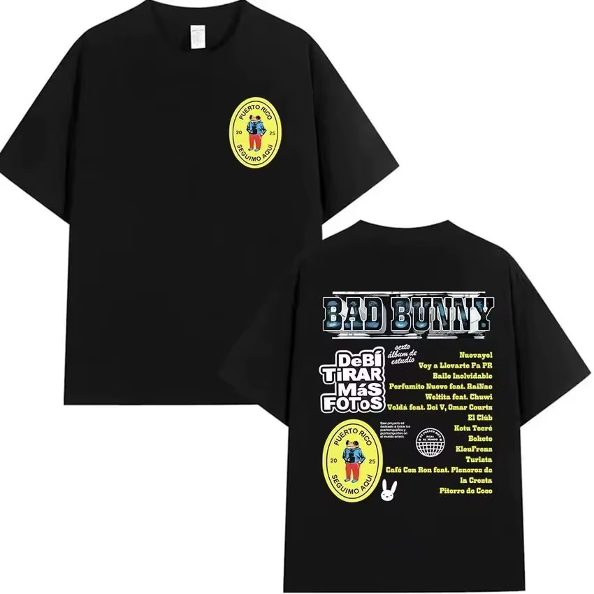 T-shirts Hip Pop Tops Rapper Bad Bunny Tour 2025 Album Merch Debi Tirar Mas Fotos DTMF Graphics T-shirt en coton imprimé unisexe