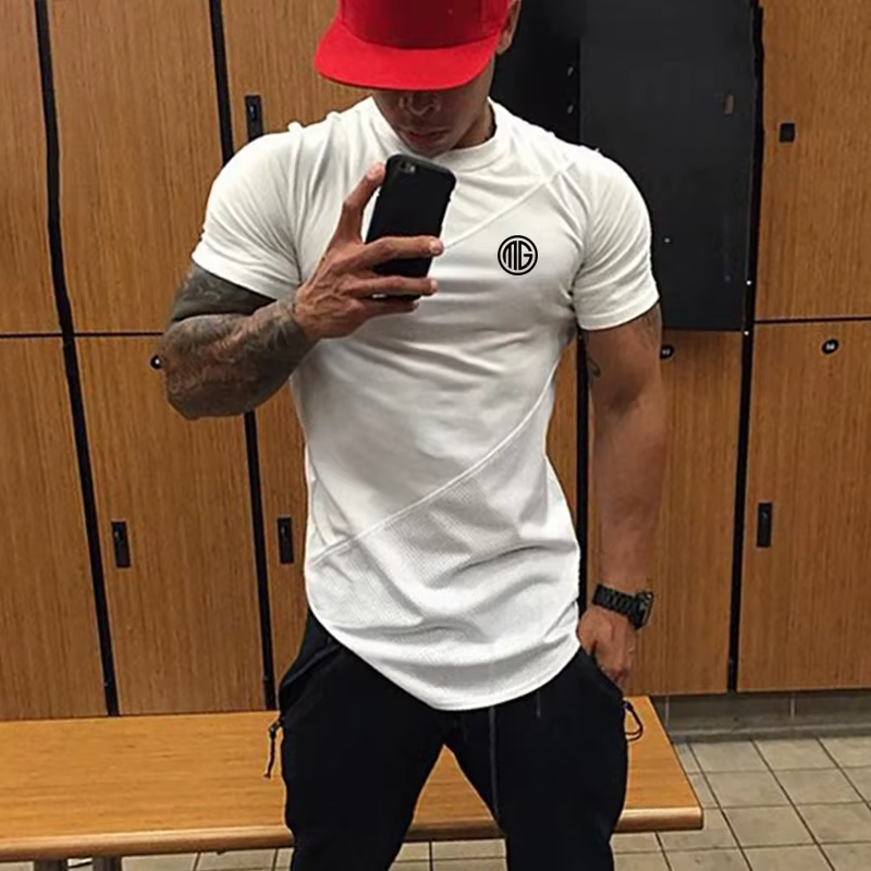 Hommes Muscle t-shirt Gym musculation Fitness t-shirts hauts coton Patchwork maille coupe ajustée