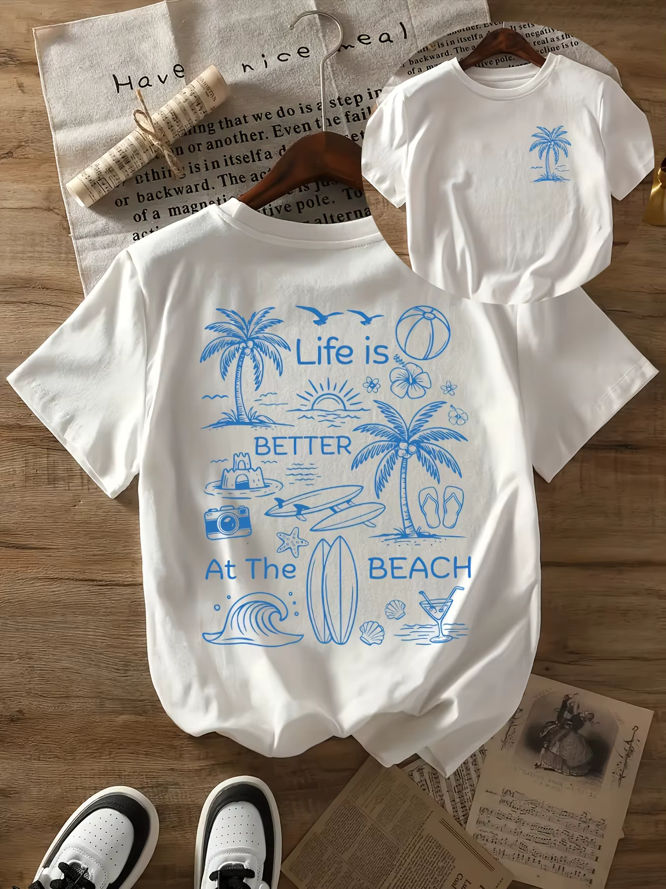 T-shirt décontracté de plage « Life Is Better At The Beach » avec motif palmier et océan