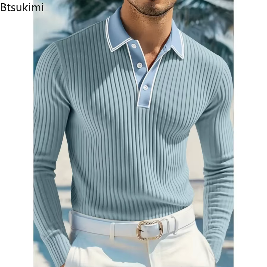 Nouveau Polo Tricoté à Manches Longues pour Homme